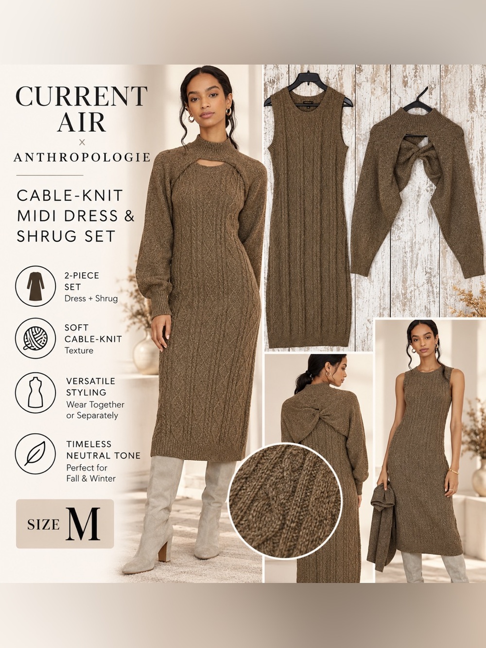 Current Air x Anthropologie Cable-Knit Midi Dress & Shrug Set Women’s Size M